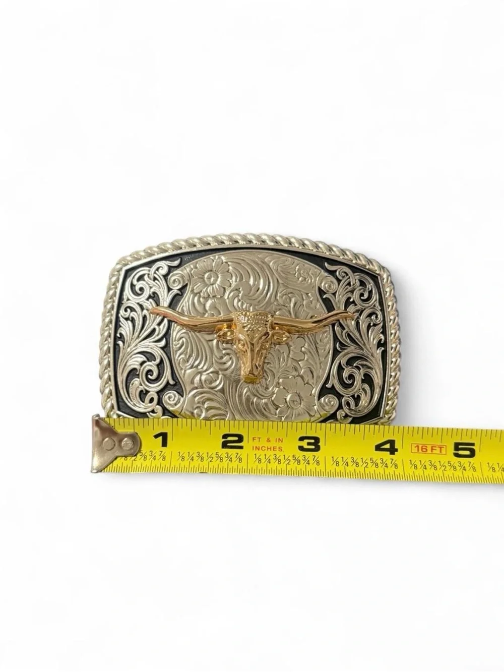 Silver Western Belt Buckle with Gold Longhorn Accent